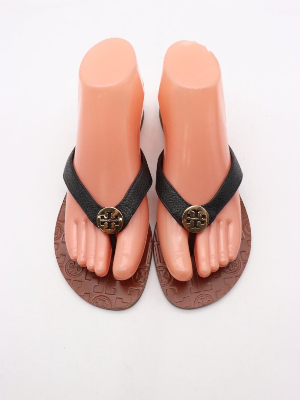 Tory Burch Thora Women's Size 7 Tumbled Leather Flip-Flop Sandals Black Gold